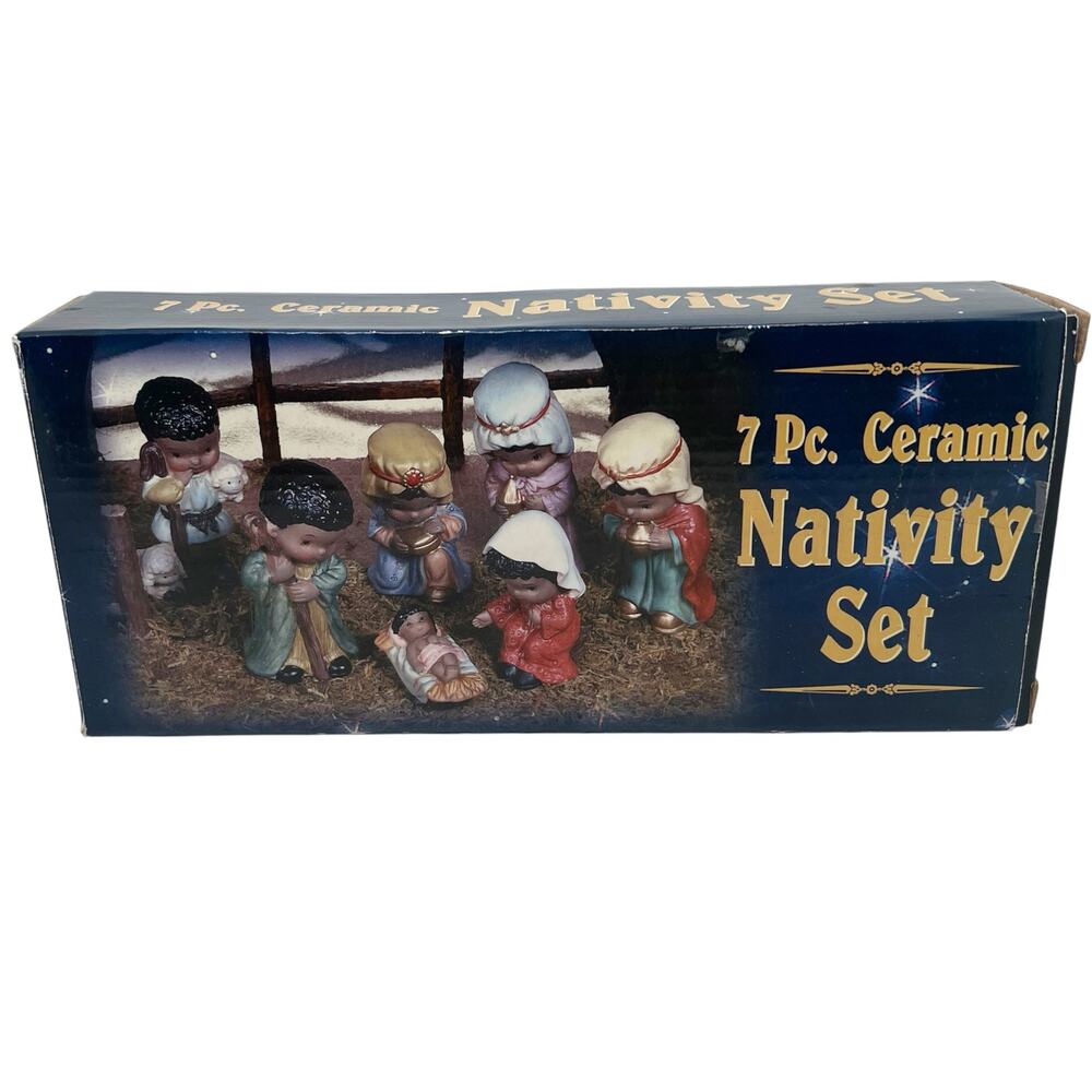 Vintage 1980s Giftco 7 Piece Ceramic Christmas Nativity Scene Set